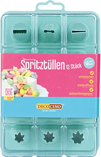 DECOCINO Spritztüllen 12er-Set - Mint Edition - hochwertige Tüllen aus Kunststoff, ideal zum Dekorieren von Cupcakes, Torten uvm. - spülmaschinengeeignet von DECOCINO