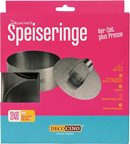 DECOCINO Speiseringe 4er-Set mit Presse - Ø 10cm, 4cm Höhe - Edelstahl Dessertringe zum Backen, Formen und Schichten von Desserts, Burger Pattys uvm. von DECOCINO