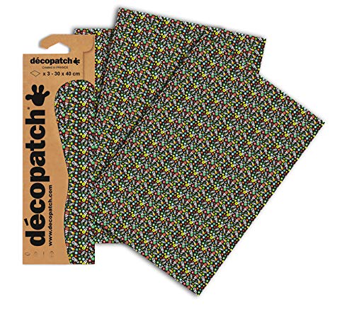 Decopatch Papier No. 720 (schwarz bunt Streublümchen, 395 x 298 mm) 3er Pack von Decopatch