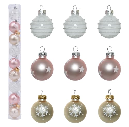 Decoris Weihnachtskugeln Glas 3cm x 9 Stück Sterne Schneeflocken Streifen Glitzer Muster rosa Mix von Decoris