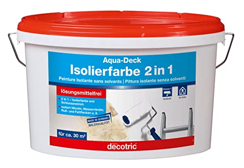 Decotric 014203001 Aqua Deck Wandfarbe Isolierfarbe 2in1 Farbe gegen Nikotin, Ruß, Fett-Flecken, Wasserränder, weiß, 5 l (1er Pack) von Decotric