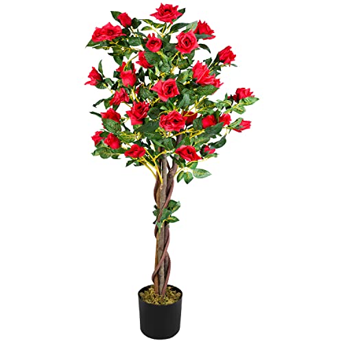 Decovego Rose Rosenstock Rosenbusch Rosenstamm Künstliche Pflanze Kunstpflanze mit Blüten Echtholz Rot 120cm von Decovego