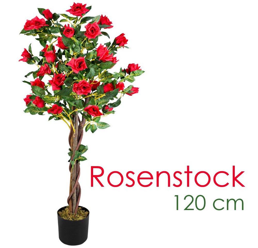Kunstblume Rose Rosenbusch Rosenstock Künstliche Pflanze Rot Echtholz 120 cm, Decovego von Decovego