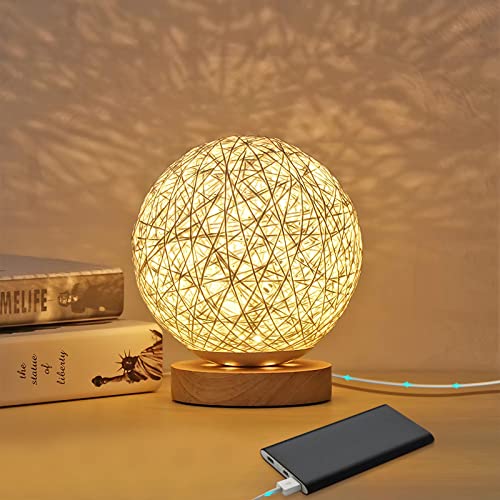 DEECOZY LED Nachttischlampe, Aus Holz Mit Handgewebtem Lampenschirm Mit USB-Ladegerät Nachtlicht Nachtlampe Für Wohnzimmer von DEECOZY