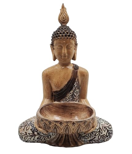 Dehner Gartenfigur Buddha, Gartendeko frostbeständig, Figur in Holzoptik, mit Pflanzschale, ca. 41 x 28.7 x 18.5 cm, Polyresin, braun/grau von Dehner