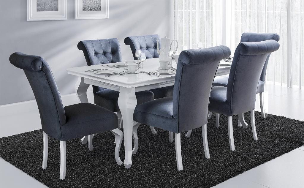 Deine Möbel 24 Essgruppe LUISE Tischgruppe Glamour Tisch mit 6 Stühlen Esszimmer, (7-tlg., Wohnzimmer, Esstisch aus Massivholz), in Weiß hochglanz Stühle in Samt Velour 140x80x180 170x90x210 von Deine Möbel 24