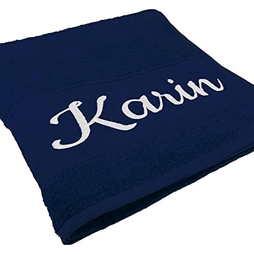 Handtuch mit Namen oder Wunschtext Bestickt, personalisiertes Duschtuch, individuelles Badetuch, 100% Baumwolle, 100 x 50 cm Navyblau von Deitert