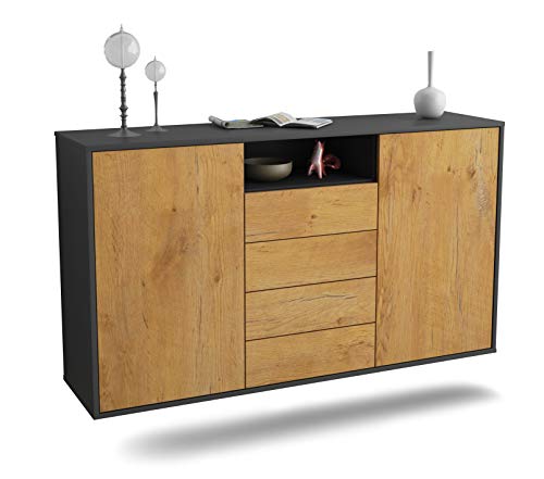 Dekati Sideboard Eugene hängend (136x77x35cm) Korpus anthrazit matt - Front Holz-Design Eiche - Push to Open - Leichtlaufschienen von Dekati