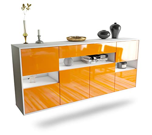 Sideboard Downey hängend (180x77x35cm) Korpus Weiss matt - Front Hochglanz Orange - Push to Open - Leichtlaufschienen von Dekati