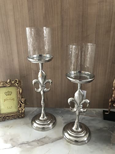 Kerzenständer Kerzenhalter Set 41und 46 cm Glas Silber Alu französisch Lilie Stumpenkerze von Deko Shop Cologne