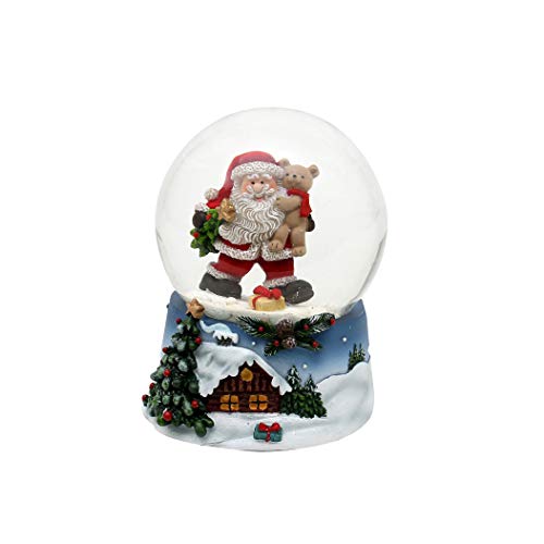 Dekohelden24 Schneekugel - Santa mit Teddy - auf blauem Sockel mit weihnachtliche Winterlandschaft Maße H/B/Kugel: ca. 9 x 7 cm 6 5 cm. 501865-arm Sack von Dekohelden24