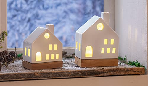 2X Haus White aus Porzellan, weiß glänzend, mit LED-Beleuchtung, Leuchtdeko, Dekohaus von Dekoleidenschaft