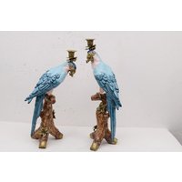 Paar Papageien Set Porzellan Mit Bronze Kerzenständer, Auf Einem Ast, Ornamente, Blaue Statuen, Exklusives Geschenk von DekorStyle