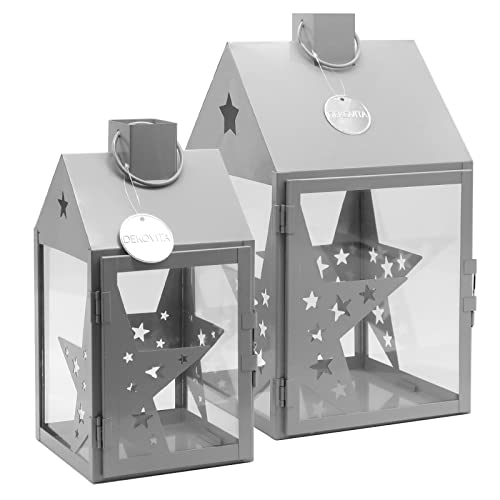 Dekovita 2er-Set Metall-Laterne 30cm/38cm - Gartenlaterne mit Glas-Scheiben - Windlicht Sterne Lichthaus von Dekovita