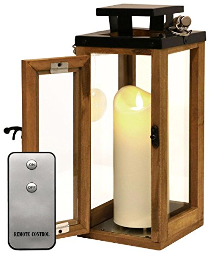 Dekovita 30cm Holz-Laterne - Gartenlaterne inkl. 18cm Outdoor LED Kerze in Creme-Weiß mit Timer Fernbedienung von Dekovita