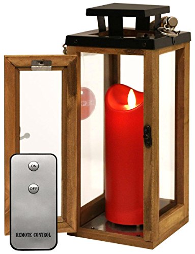 Dekovita 30cm Holz-Laterne - Gartenlaterne inkl. 18cm Outdoor LED Kerze in Rot mit Timer Fernbedienung von Dekovita