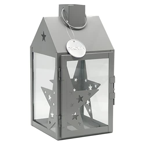 Dekovita 30cm Metall-Laterne Sterne Lichthaus - Gartenlaterne mit Glas-Scheiben - Windlicht Haus Deko-Laterne von Dekovita