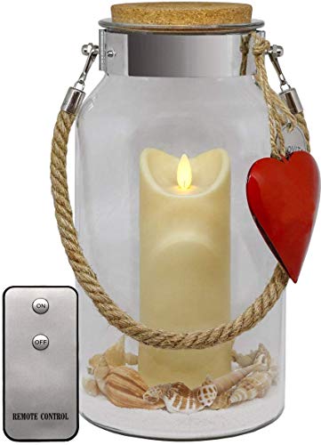 Dekovita Deko Windlicht Glas mit LED Kerze Weiß - Glaslaterne mit Seil Ø16x30cm - Dekoglas Kerzenglas Geschenk Liebe Herz Rot von Dekovita