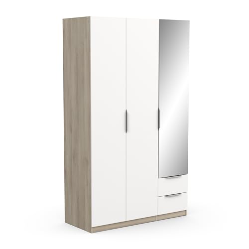 Demeyere Moderner Spiegel & Kleiderschrank mit 3 Türen, 2 Schubladen, 4 Fächer – Farbe Eiche Kronberg & Mattweiß – 119,4 x 51,1 x 203 cm, Holzwerkstoff, grau von Demeyere