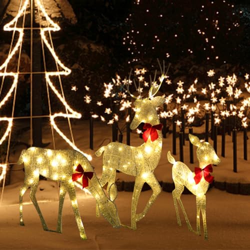 3 teiliges Weihnachtsdeko LED Elch, Rentier Figur Weihnachtsbeleuchtung Außen, Weihnachten Hirsch mit Beleuchtung, Party Deko Weihnachtsdeko Lampe (Mit rot Schleifen) von Demiawaking