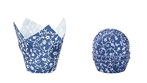 Demmler Muffinförmchen - Cupcakeförmchen Set in blau aus klassischen Muffinförmchen und Tulip-Wraps mit weißem Classico Desgin - 84 Stück - Made in Germany von Demmler