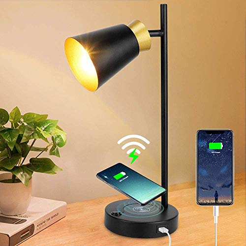 Depuley LED Tischlampe Schwarz mit Gold, Vintage Tischleuchte Drehbar, 10W QI Kabellosem Laden und USB-Anschluss Nachttischlampe, Wireless Charger Schreibtischlampe Retro für Büro Lern Lesen von Depuley