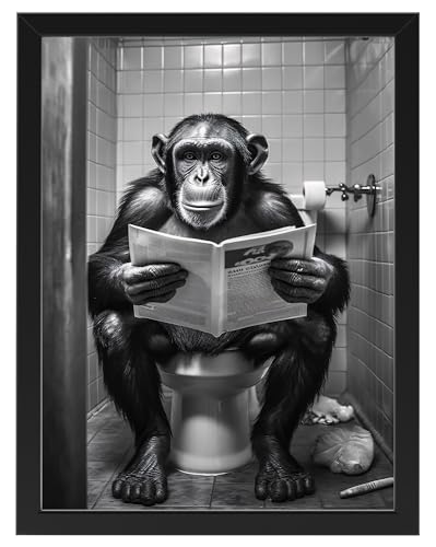 Affe auf WC, Poster 30cm x 40cm mit Rahmen, Toilette Badezimmer Deko, Wand-Deko Bilder Lustiges Geschenk von Deqosy
