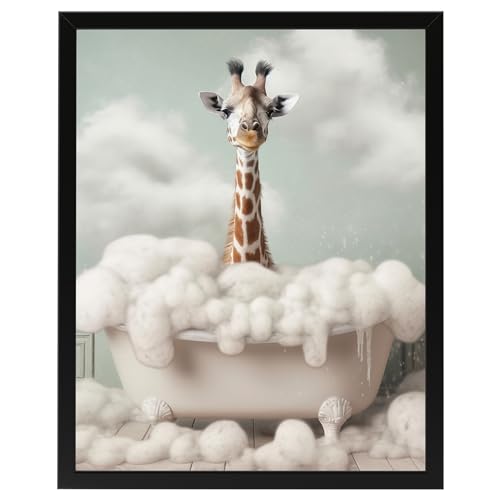 Giraffe in Badewanne, Poster 40cm x 50cm mit Rahmen, Toilette Badezimmer Deko Bild, Wand-Deko Bilder Lustiges Geschenk von Deqosy