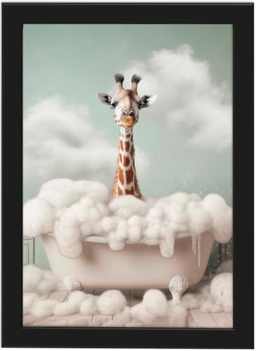 Giraffe in Badewanne, Poster DIN A4 mit Rahmen, Toilette Badezimmer Deko Bild, Wand-Deko Bilder Lustiges Geschenk von Deqosy