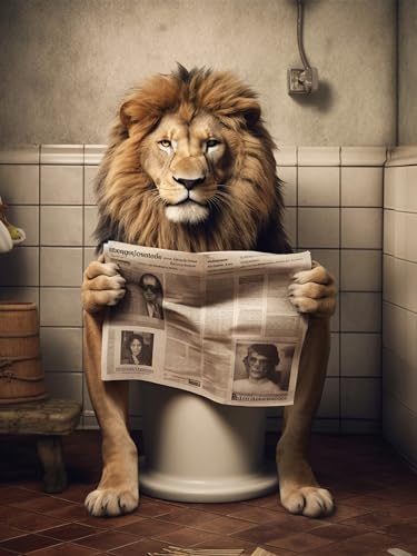 Löwe auf WC, Poster 30cm x 40cm ohne Rahmen, Toilette Badezimmer Deko Bild, Wand-Deko Bilder Lustiges Geschenk von Deqosy
