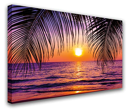PICSonPAPER Hochwertiges Leinwandbild Sonnenuntergang Palmen, 70 cm x 50 cm, Dekoration, Kunstdruck, Wandbild, Strand, Sommer, Karibik, Palmen, Premium Qualität von Deqosy