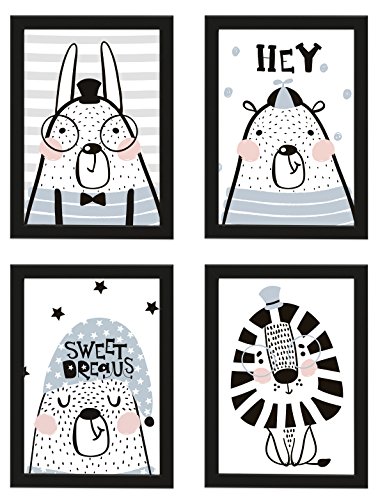 PICSonPAPER Kinder Poster 4er-Set Tiere, gerahmt DIN A4, Dekoration fürs Kinderzimmer im skandinavischen Stil, Kinderposter, Poster mit Rahmen (Mit IKEA FISKBO schwarz) von Deqosy