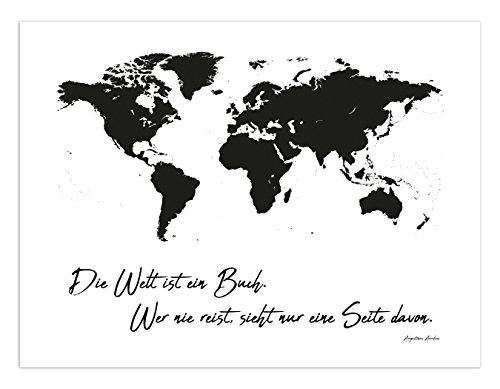 Poster Weltkarte "Die Welt ist ein Buch. Wer nie reist, sieht nur eine Seite davon", ungerahmt 40 cm x 30 cm, Dekoration, Kunstdruck, Wandbild, Fineartprint, Wandposter (Ungerahmt 40 cm x 30 cm) von Deqosy