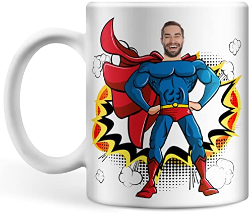 Tasse personalisiert mit Foto und Text, Superhelden Tasse mit Ihrem Wunsch-Gesicht und dreizeiligem Wunschtext von Deqosy