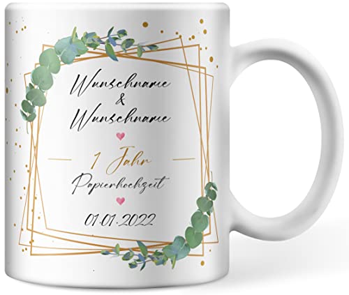 Tasse personalisiert mit Namen und Datum zum Hochzeitstag, Papierhochzeit 1 Jahr verheiratet, Ehe Jubiläum Kaffeetasse selbst gestalten (1 Jahr - Papierhochzeit) von Deqosy