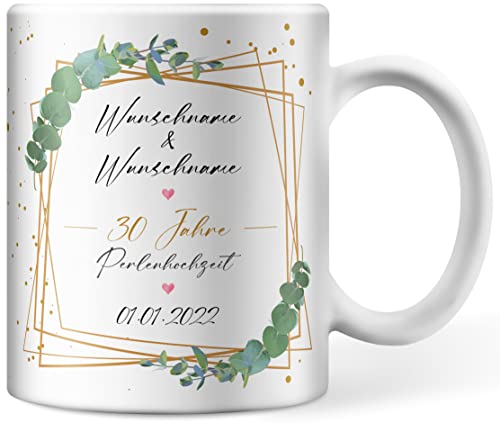 Tasse personalisiert mit Namen und Datum zum Hochzeitstag, Perlenhochzeit 30 Jahre verheiratet, Ehe Jubiläum Kaffeetasse selbst gestalten (30 Jahre - Perlenhochzeit) von Deqosy