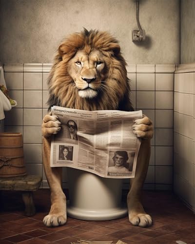Löwe auf WC, Poster 40cm x 50cm ohne Rahmen, Toilette Badezimmer Deko Bild, Wand-Deko Bilder Lustiges Geschenk von Deqosy