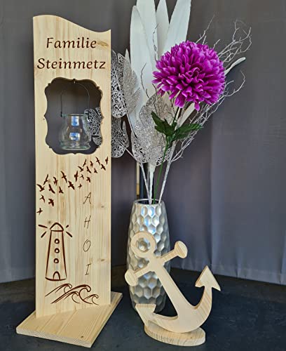 Designbysh Holzaufsteller, Holz Deko Schild Holzschild Eingangsschild mit Leuchtglas oder Solarlampe Leuchturm AHOI von Designbysh