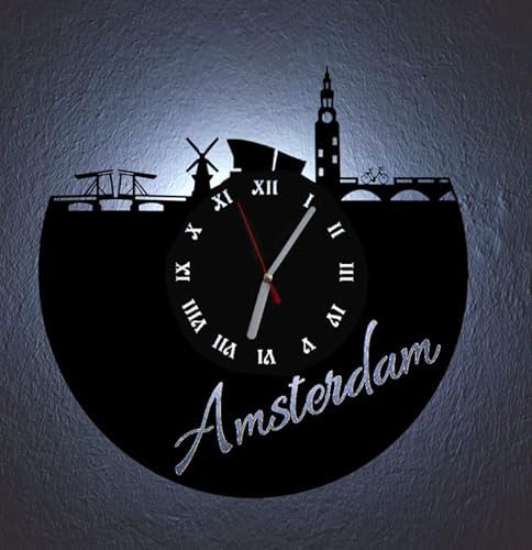 Designbysh LED Wanduhr Amsterdam Skyline Uhr Hintergrundbeleuchtet mit schleichendem Uhrwerk von Designbysh
