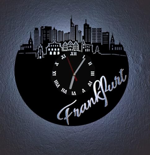 Designbysh LED Wanduhr Frankfurt Skyline Uhr Hintergrundbeleuchtet mit schleichendem Uhrwerk von Designbysh