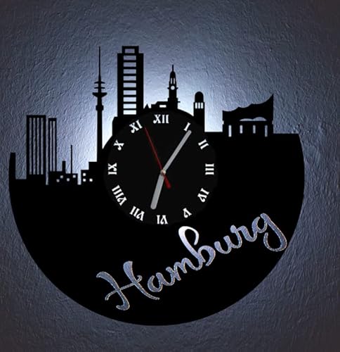 Designbysh LED Wanduhr Hamburg Skyline Uhr Hintergrundbeleuchtet mit schleichendem Uhrwerk von Designbysh