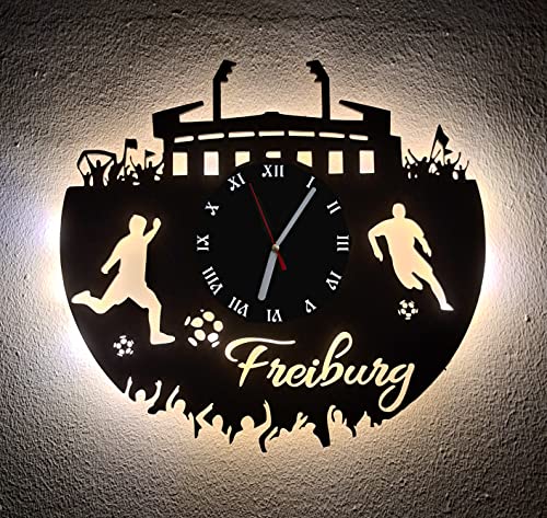 Designbysh Fußball Fan LED Wanduhr Freiburg Fanartikel Wanduhr Geschenk Fußballfan von Designbysh