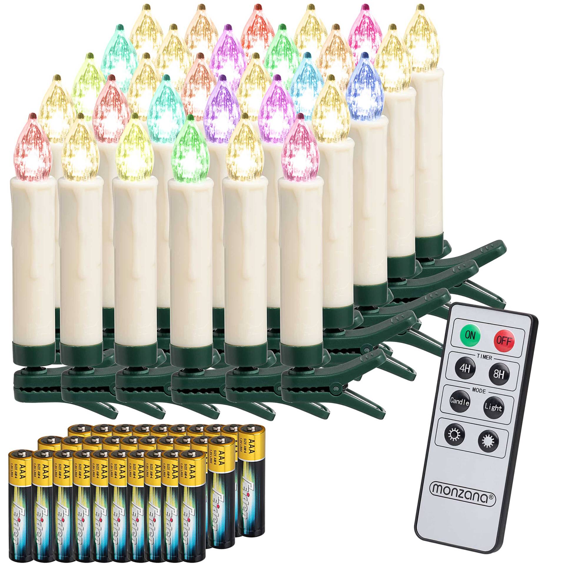 LED Weihnachtsbaumkerzen 30er-Set Mehrfarbig mit Batterien von monzana®
