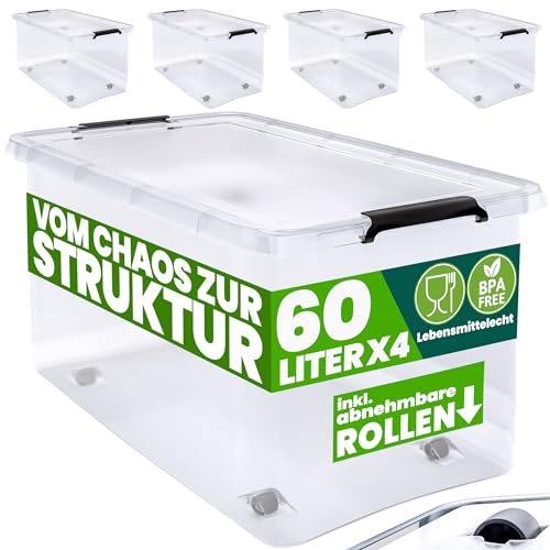 Deuba® Aufbewahrungsboxen 4 x 60l mit Deckel und Rollen, stapelbar, transparent Kunststoff BPA-frei Klickverschluss, RB60 für Büro, Garage, Waschraum von Deuba