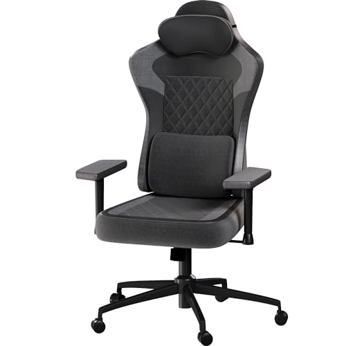 Devoko Gaming Stuhl Stoff mit Memory Schaum,Ergonomischer Gaming Stuhl mit Verstellbare Armlehnen und Lendenwirbelstütze und Kopfstütze,Luxuriöser Bürostuhl Tragfähigkeit 150kg,Dunkelgrau von Devoko