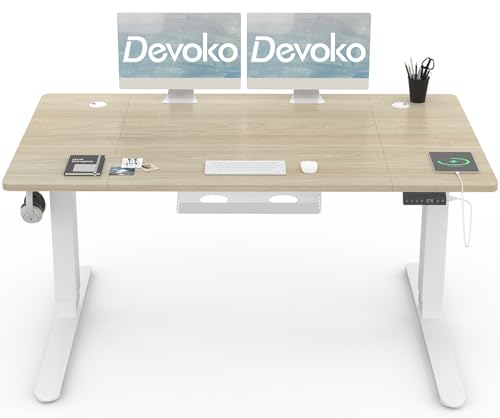 Devoko Höhenverstellbar Schreibtisch 140x80cm mit USB Ladeanschluss, 3 Memory-Steuerung and Anti-Kollisions Technologie, Elektrisch Computertisch Stehpult Tisch mit Rollen(Eiche) von Devoko