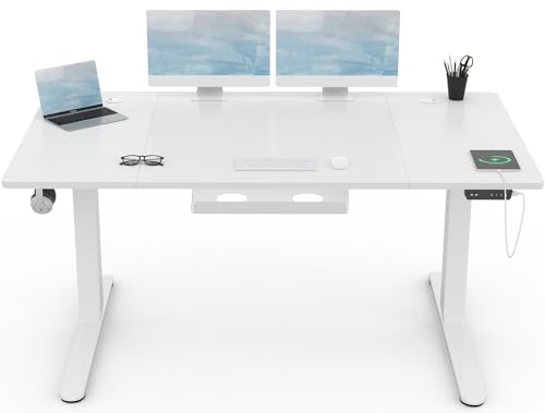 Devoko Höhenverstellbar Schreibtisch 160x80cm mit USB Ladeanschluss, 3 Memory-Steuerung and Anti-Kollisions Technologie, Elektrisch Computertisch Stehpult Tisch mit Rollen(Weiß) von Devoko