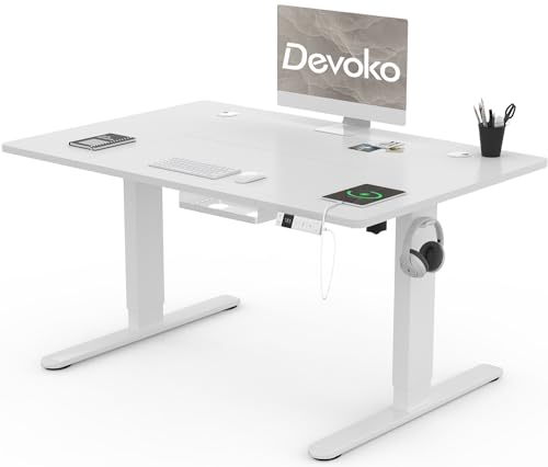 Devoko Höhenverstellbar Schreibtisch 120x80cm mit USB A&C-Ladeanschluss, Mobiler Computertisch mit Kabel Management Tray und 3-Funktions-Memory, Weiß mit Rollen von Devoko