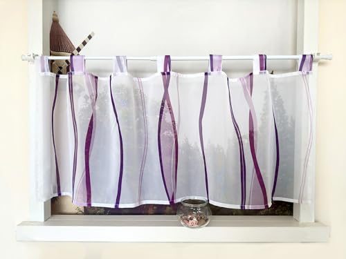 Devola Scheibengardine mit Wellenmuster Gardine Druck Kurzstore mit Schlaufen Küchengardine Kurz Modern Voile Bistrogardine Transparent HxB 45x100cm Violett 1 Stück von Devola