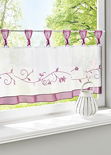 Devola Voile Scheibengardine mit Blumenmuster Stickerei Bistrogardine mit Schlaufen transparent Kurzgardine Violett HxB 45x90cm 1er Pack von Devola